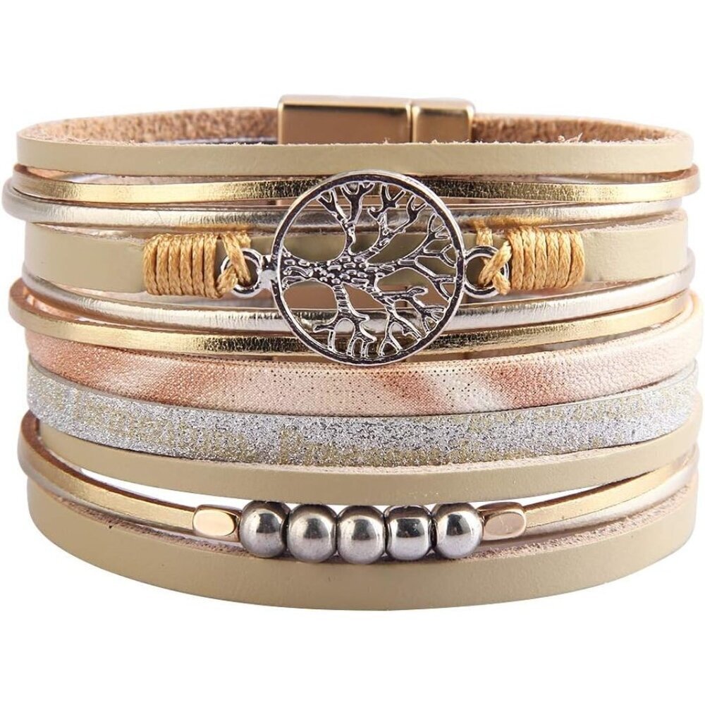 🔥 Gelconnie Leather Wrap Bracelet Women Gold Boho Magnetic Multi Strand Jewelry